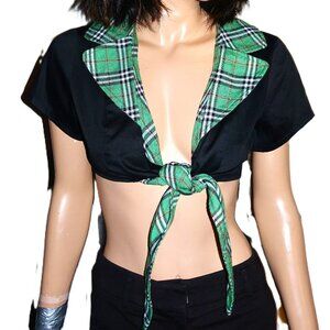 Bedroom Stories Green Black Plaid Cropped Top M NWT